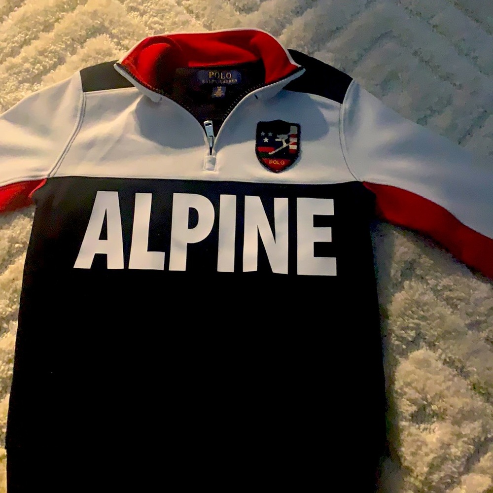 Polo pullover, red, white, and navy